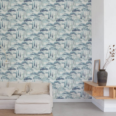 Grandeco Canopy View Contemporay Scenic Tree Toile Textured Wallpaper, Blue