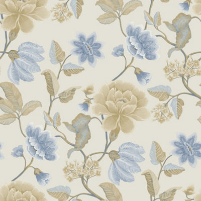 Grandeco Celica Camellia Bloom Floral Trail Textured Wallpaper, China Blue