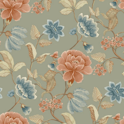 Grandeco Celica Camellia Bloom Floral Trail Textured Wallpaper, Green