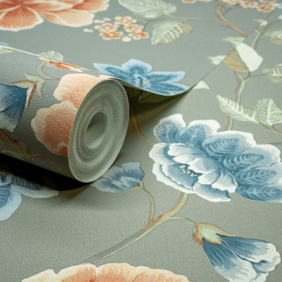 Grandeco Celica Camellia Bloom Floral Trail Textured Wallpaper, Green