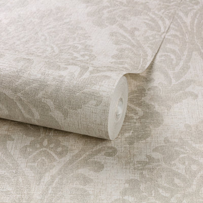 Grandeco Chenille Textured Distressed Metallic Damask Wallpaper, Cream