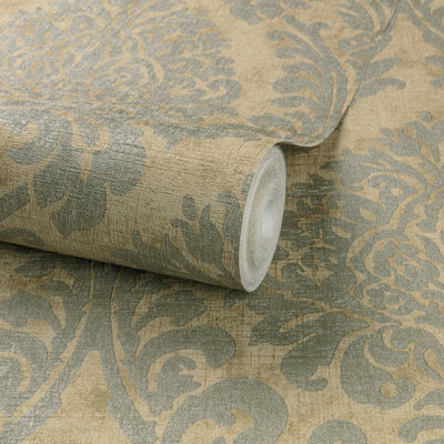 Grandeco Chenille Textured Distressed Metallic Damask Wallpaper, Gold