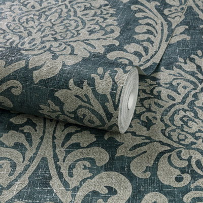 Grandeco Chenille Textured Distressed Metallic Damask Wallpaper, Navy & Grey