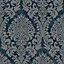 Grandeco Chenille Textured Distressed Metallic Damask Wallpaper, Navy & Grey