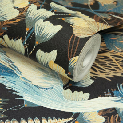 Grandeco Ciara Tropical Cranes Birds Black Wallpaper Floral Paste The Wall Vinyl