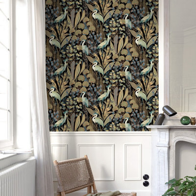 Grandeco Ciara Tropical Cranes Birds Black Wallpaper Floral Paste The Wall Vinyl