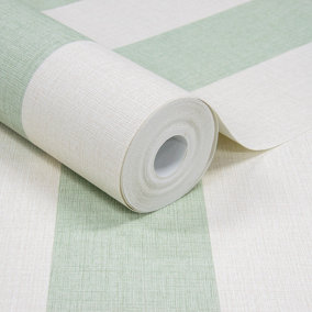 Grandeco Classic Wide Textured Stripe Wallpaper, Green Cream