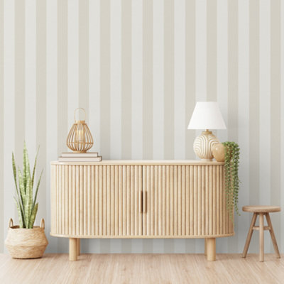 Grandeco Classic Wide Textured Stripe Wallpaper, Neutral Beige