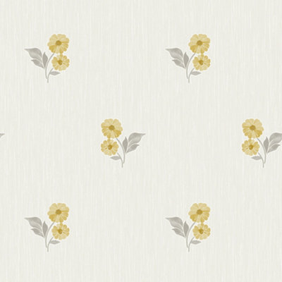 Grandeco Clematis Floral Sprig Textured  Blown Vinyl Wallpaper, Yellow