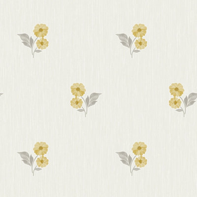 Grandeco Clematis Floral Sprig Textured  Blown Vinyl Wallpaper, Yellow