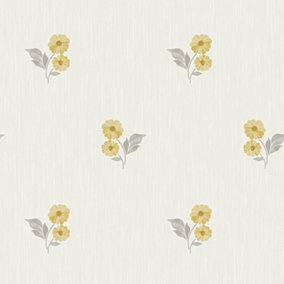 Grandeco Clematis Floral Sprig Textured  Blown Vinyl Wallpaper, Yellow