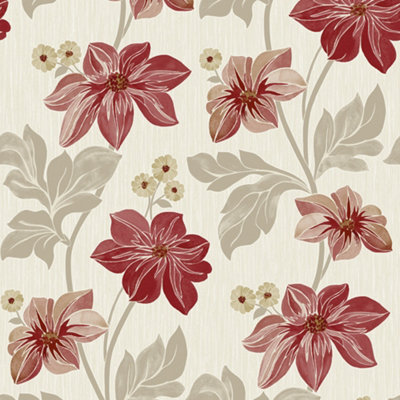 Grandeco Clematis Floral Trail Textured Blown Vinyl Wallpaper, Red