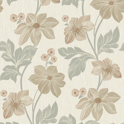 Grandeco Clematis Floral Trail Textured Blown Vinyl Wallpaper, Sage