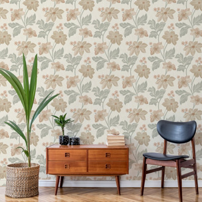 Grandeco Clematis Floral Trail Textured Blown Vinyl Wallpaper, Sage