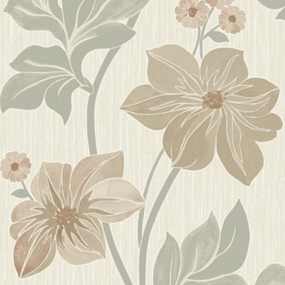 Grandeco Clematis Floral Trail Textured Blown Vinyl Wallpaper, Sage