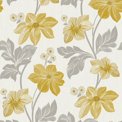 Grandeco Clematis Floral Trail Textured Blown Vinyl Wallpaper, Yellow