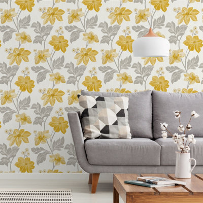 Grandeco Clematis Floral Trail Textured Blown Vinyl Wallpaper, Yellow