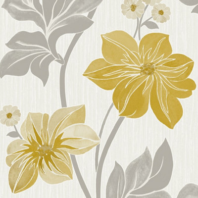 Grandeco Clematis Floral Trail Textured Blown Vinyl Wallpaper, Yellow