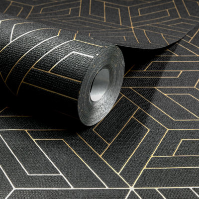 Grandeco Cobra Geometric Pattern Metallic Blown Vinyl Wallpaper, Charcoal Black