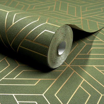 Grandeco Cobra Geometric Pattern Metallic Blown Vinyl Wallpaper, Green