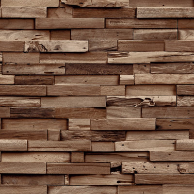 Grandeco Colorado Stacked Wood Block Plank Effect Textured Wallpaper, Dark wood