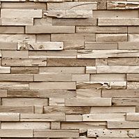 Grandeco Colorado Stacked Wood Block Plank Effect Textured Wallpaper, Light