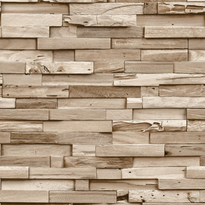 Grandeco Colorado Stacked Wood Block Plank Effect Textured Wallpaper, Light