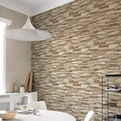 Grandeco Colorado Stacked Wood Block Plank Effect Textured Wallpaper, Light