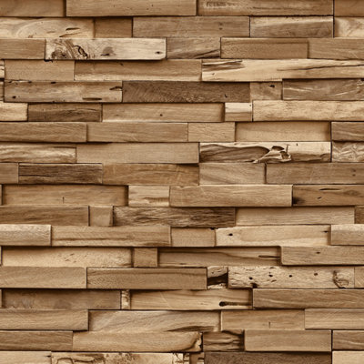 Grandeco Colorado Stacked Wood Block Plank Effect Textured Wallpaper, Natural