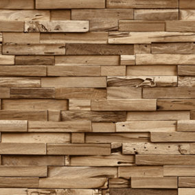 Grandeco Colorado Stacked Wood Block Plank Effect Textured Wallpaper, Natural