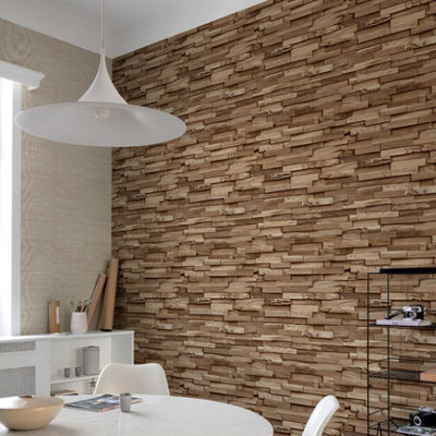 Grandeco Colorado Stacked Wood Block Plank Effect Textured Wallpaper, Natural