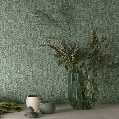 Grandeco Cordy Plain Woven Fabric Effect Textured Wallpaper, Green