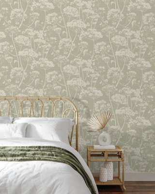 Grandeco Cow Parsley Organic Foliage Trail Wallpaper, Green