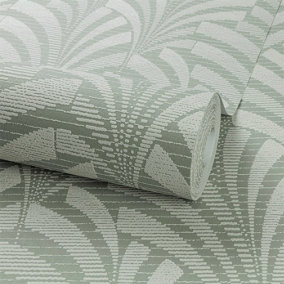 Grandeco Davina Classic Leaf Geometric Blown Vinyl Textured Wallpaper, Sage Green