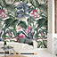 Grandeco Delicate Jungle Botanical XXL Leaves & Flowers Green & Pink Repeatable Wallpaper Mural 159 x 280cm