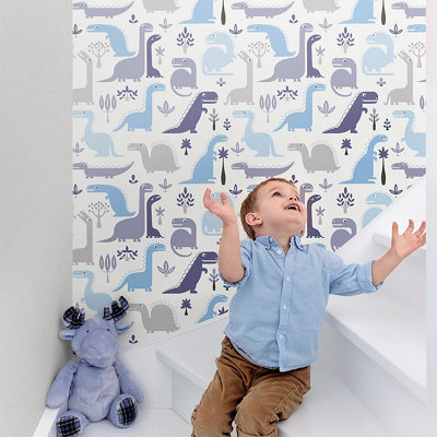 Grandeco Dinosaur Nursery Textured Wallpaper Blue | DIY at B&Q