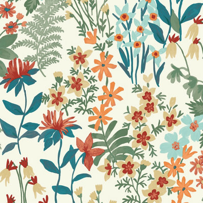 Grandeco Ditsy Floral Agnala Textured Wallpaper,  Green Teal Orange