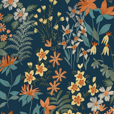 Grandeco Ditsy Floral Agnala Textured Wallpaper, Navy Blue