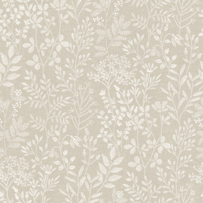Grandeco Embroidery Stitched Organic Foliage Trail Wallpaper, Neutral