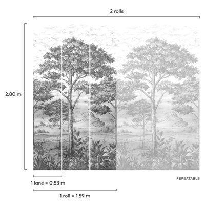 Grandeco Etched Tree 3 lane repeatable Textured Mural, 1.59 x 2.8m, Monochrome