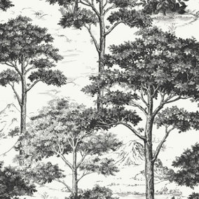 Grandeco Etched Tree Toile Textured Wallpaper, Black