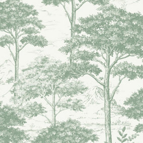 Grandeco Etched Tree Toile Textured Wallpaper, Sage Green