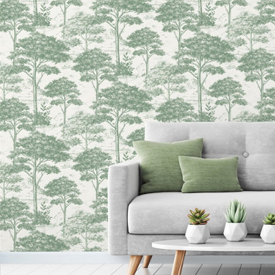 Grandeco Etched Tree Toile Textured Wallpaper, Sage Green