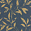 Grandeco Even Leaf Sprig Trail Blown Vinyl Textured Wallpaper, Navy & Gold