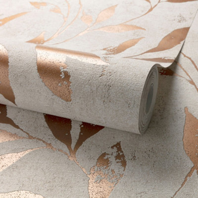 Grandeco Even Leaf Sprig Trail   Blown Vinyl Textured Wallpaper, Neutral & Copper