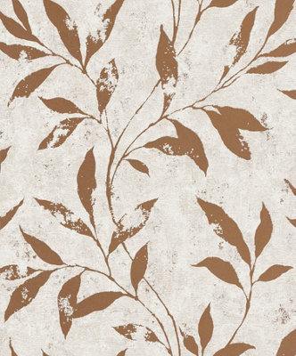 Grandeco Even Leaf Sprig Trail   Blown Vinyl Textured Wallpaper, Neutral & Copper