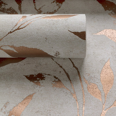 Grandeco Even Leaf Sprig Trail   Blown Vinyl Textured Wallpaper, Neutral & Copper