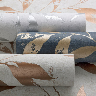 Grandeco Even Leaf Sprig Trail   Blown Vinyl Textured Wallpaper, Neutral & Copper