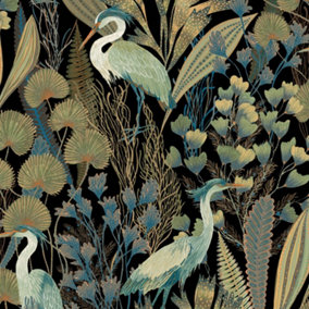 Grandeco Exotic Tropical Cranes Heron Textured Wallpaper Black