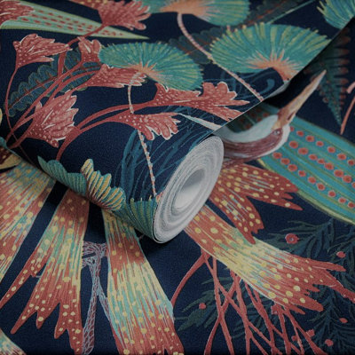 Grandeco Exotic Tropical Cranes Heron Textured Wallpaper Navy